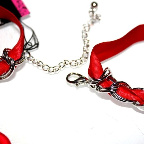 Silver Chain Bow Girls Womens Crystal Red Ribbon Heart Valentine Love Necklace - Picture 3 of 4